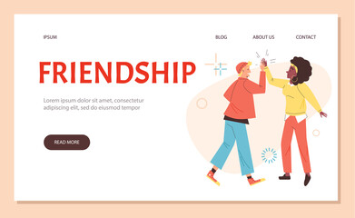 Two happy friends greet each other with high five, web banner template - flat vector illustration.