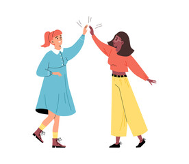 Woman greet each other with high five, girl power concept - flat vector illustration isolated on white background.