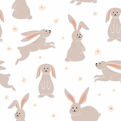 Obraz na płótnie Canvas Cute scandinavian Easter seamless pattern with bunnies, flowers, on white background. Great for Easter Cards, banner, textiles, wallpapers - vector design