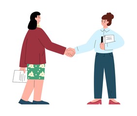 Two office women shake hands, business partners cooperate - flat vector illustration isolated on white background.