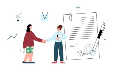 Two business women sign contract and shake hands, cartoon flat vector illustration on white background.