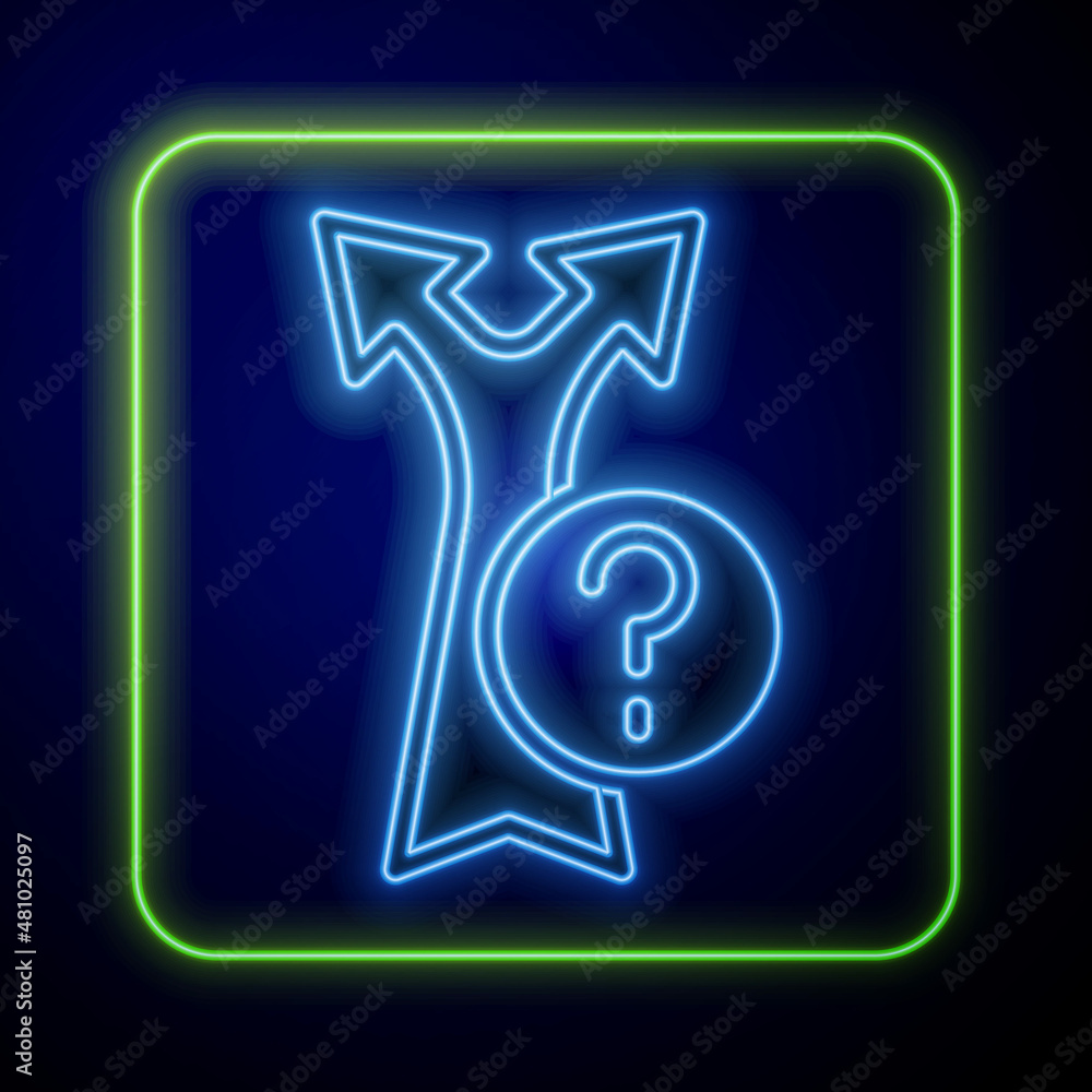 Poster glowing neon arrow icon isolated on blue background. direction arrowhead symbol. navigation pointer 