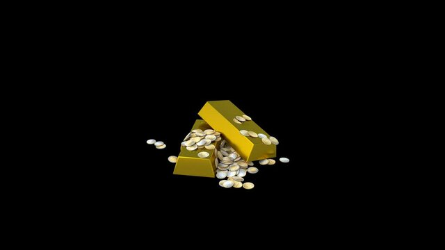 4k video of cartoon golden bars with coins on black background.