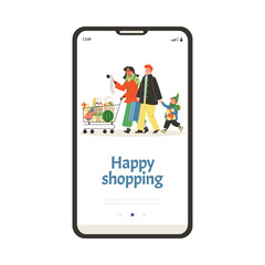 Happy family shopping onboarding page concept, flat vector illustration.