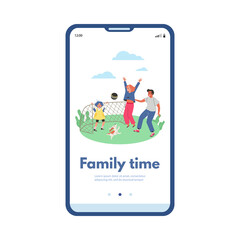 Family time onboarding page of mobile app, cartoon flat vector illustration.
