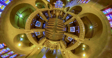 Little planet view inside the basilica, church in Brussels Belgium. Flying through the middle with...