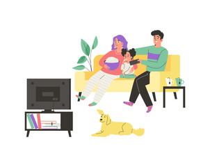 Family watching TV, spending time together flat vector illustration isolated.