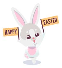 Bunny with happy Easter placard. Cute cartoon rabbit