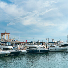Fototapeta premium luxury private yachts moored at the pier of the seaport of Sochi, Russia