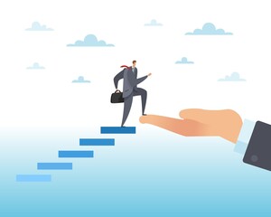 Business climbing. Successful career growth. Income and opportunity progress, development in company, businessman rising steps, huge hand supports and helps. Vector isolated concept