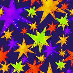 Bright stars on a dark blue background. Pattern, watercolor.