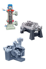 longitudinal section of three industrial gas pumps isolated on white background