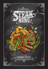 Steak menu chalkboard design with hand drawn illustration of a beef steak with fried potato - obrazy, fototapety, plakaty