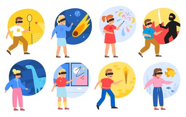 Children vr glasses. Gaming entertainment industry, kids in different virtual worlds, digital sports, adventure and creativity, little gamers play computer games, vector cartoon set