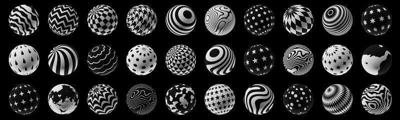 Set of spheres with a trendy abstract pattern on a clean black background. Realistic illustration 3D render.