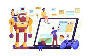 Game developers team. People group work, digital entertainment production process, gaming industry employee, geek lifestyle, tiny people with huge robot and laptop vector isolated concept