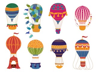 Hot air balloon. Retro flying transport, decorative patterned vintage balloons with different baskets, romantic eclectic design, transport for adventures, vector cartoon flat isolated set