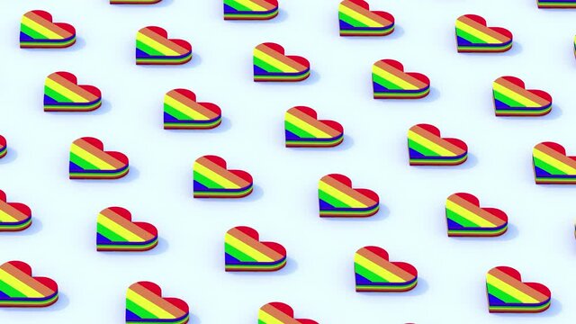 Isometric LGBTQ Hearts Loop
An isometric view of colorful LGBT textured hearts on a white background plane in a seamless loop.