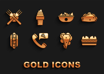Set Food ordering pizza, Taco with tortilla, Sandwich, Hotdog sandwich mustard, Nachos plate, Crossed fork and Ice cream waffle cone icon. Vector