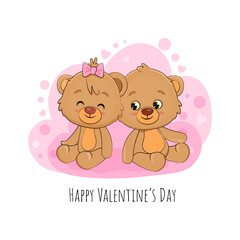 Obraz na płótnie Canvas Couple of cute cartoon teddy bears on a pink background. Valentine's day.Love.Greeting card.Vector illustration