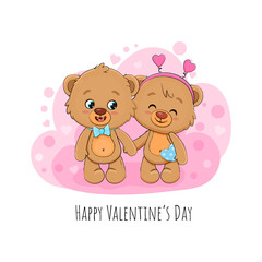 Cute cartoon teddy bear with heart on a pink background. Valentines day. Vector illustration