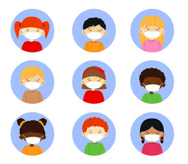Set of children avatars. Collection of hand drawn kids wearing medical face masks. Boys and girls of different ethnicity.