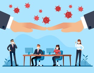 Protecting businesses from effects of pandemic covid-19. Business people in office, government hands and coronavirus, financial losses of company during global lockdown, vector concept