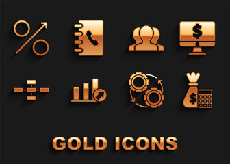 Set Presentation financial with graph, Calculator money bag, Gear and arrows as workflow process concept, Business hierarchy organogram infographics, Users group, Percent and Address book icon. Vector