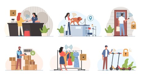Naklejka premium Radio frequency identification technology. Electronic tags, automatic detection, people with scanners, payments and door opening, delivery and shopping business automatization vector set