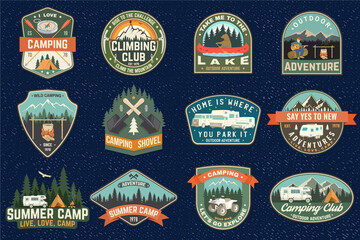 Set of Summer camp patches. Vector Concept for shirt or logo, print, stamp, patch or tee. Vintage typography design with rv trailer, camping tent, forest, mountain silhouette