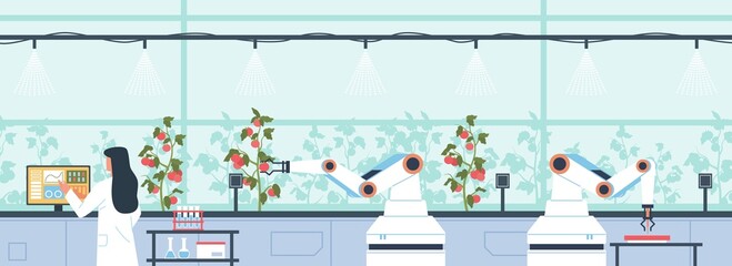 Robotic watering farm plants. Automatic irrigation of greenhouse tomatoes, smart gardening, digital monitoring of conditions, robotic arms, smart agriculture vector isolated concept
