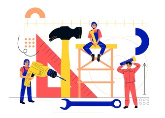 Tiny repair. Mechanics with tools, joint renovation working, team fix breakdowns, men with drill and hammer, abstract composition, technic maintenance, vector cartoon isolated concept