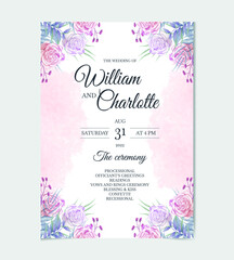 Elegant wedding invitation card with beautiful roses floral watercolor vector
