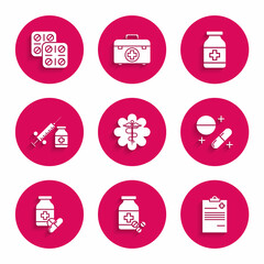 Set Emergency star medical symbol Caduceus snake with stick, Medicine bottle and pills, Medical clipboard clinical record, tablet, syringe needle vial ampoule, and Pills blister pack icon. Vector