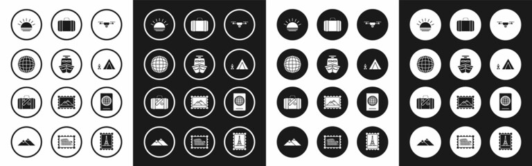 Fototapeta premium Set Drone flying with action video camera, Ship, Earth globe, Sunset, Tourist tent wood fire, Suitcase for travel, Passport biometric data and and stickers icon. Vector