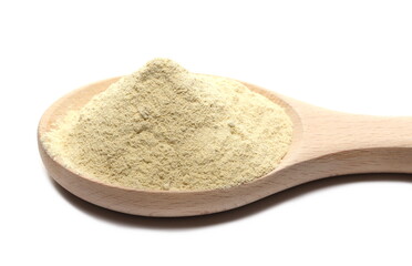 Fototapeta na wymiar Ashwagandha powder in wooden spoon (Withania somnifera) isolated on white
