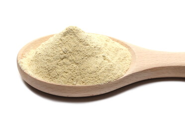Ashwagandha powder in wooden spoon (Withania somnifera) isolated on white