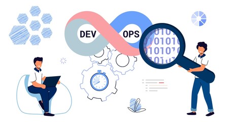 DevOps concept Tiny programmers practice development and software operations Software engineering culture Computer system administration design Technology analysis Flat vector isolated illustration