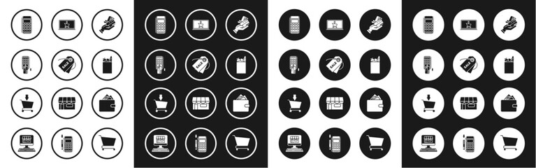 Set Human hand holding with credit card, Price tag inscription Sale, Pos terminal inserted, Paper shopping bag food, Shopping cart screen laptop, Wallet stacks paper money cash and Add icon. Vector