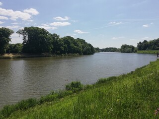 River bank in the park. A beautiful landscape. A trip to the river during the holidays. 