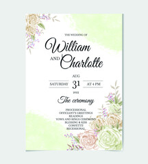Watercolor wedding invitation card and beautiful roses