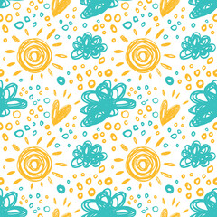 Seamless pattern with clouds and sun in pastel colors.