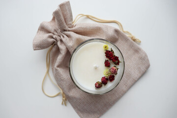 gift concept. soy candle made of natural soy wax in glass 