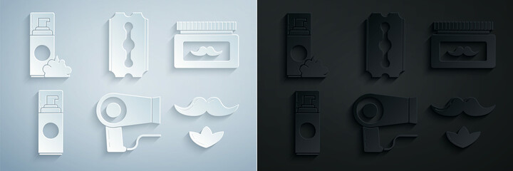 Set Hair dryer, Cream or lotion cosmetic jar, Shaving gel foam, Mustache and beard, Blade razor and icon. Vector