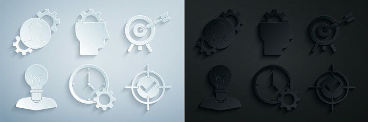 Set Time Management, Target with arrow, Human head lamp bulb, and check mark, gear inside and icon. Vector