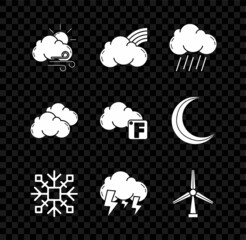 Set Windy weather, Rainbow with clouds, Cloud rain, Snowflake, Storm, turbine, and Fahrenheit and icon. Vector