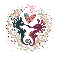 Trendy print for postcard, poster, fabric, t-shirt and more. Seahorses in the shape of a heart.