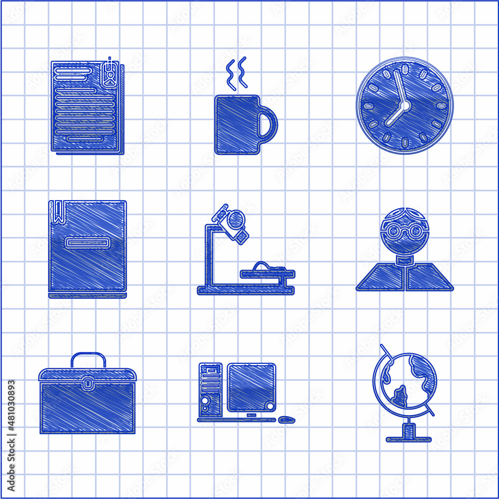 Poster set microscope, computer monitor with keyboard and mouse, earth globe, student, briefcase, notebook,