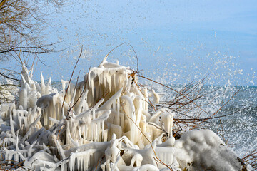 Ice formations along the shore of Lake Michigan, north of Chicago.