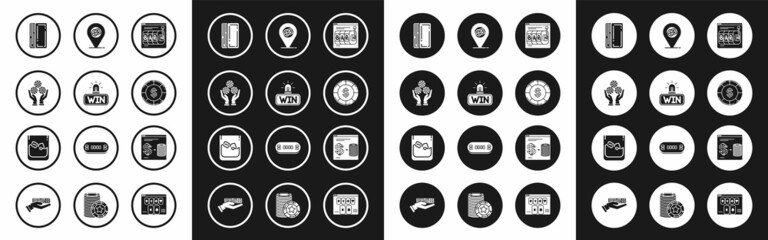 Fototapeta premium Set Online slot machine, Casino win, Hand holding casino chips, Deck of playing cards, with dollar symbol, location, exchange stacks dollars and Glass whiskey ice cubes icon. Vector
